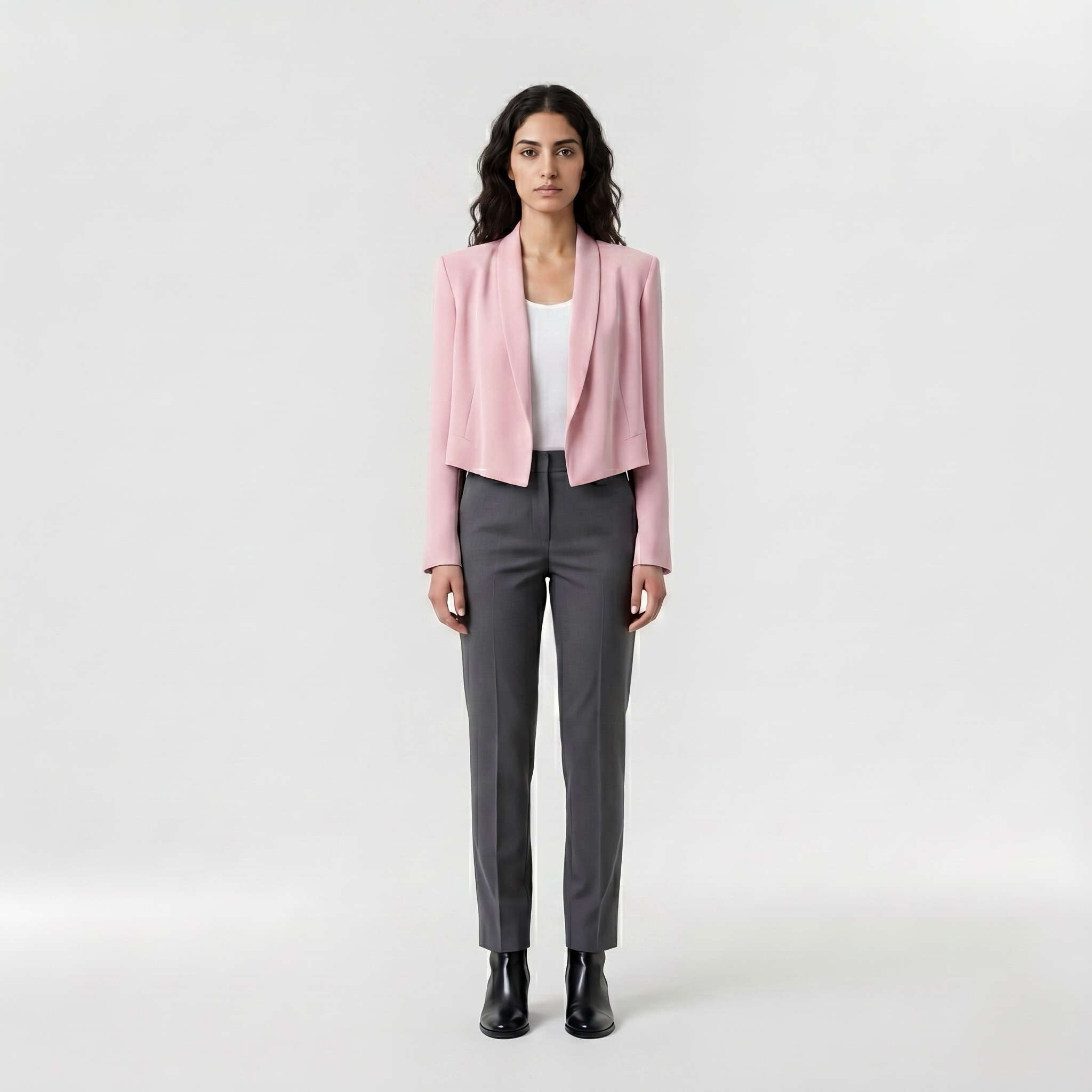 Soft Cascade Cropped Blazer with Draped Open Front