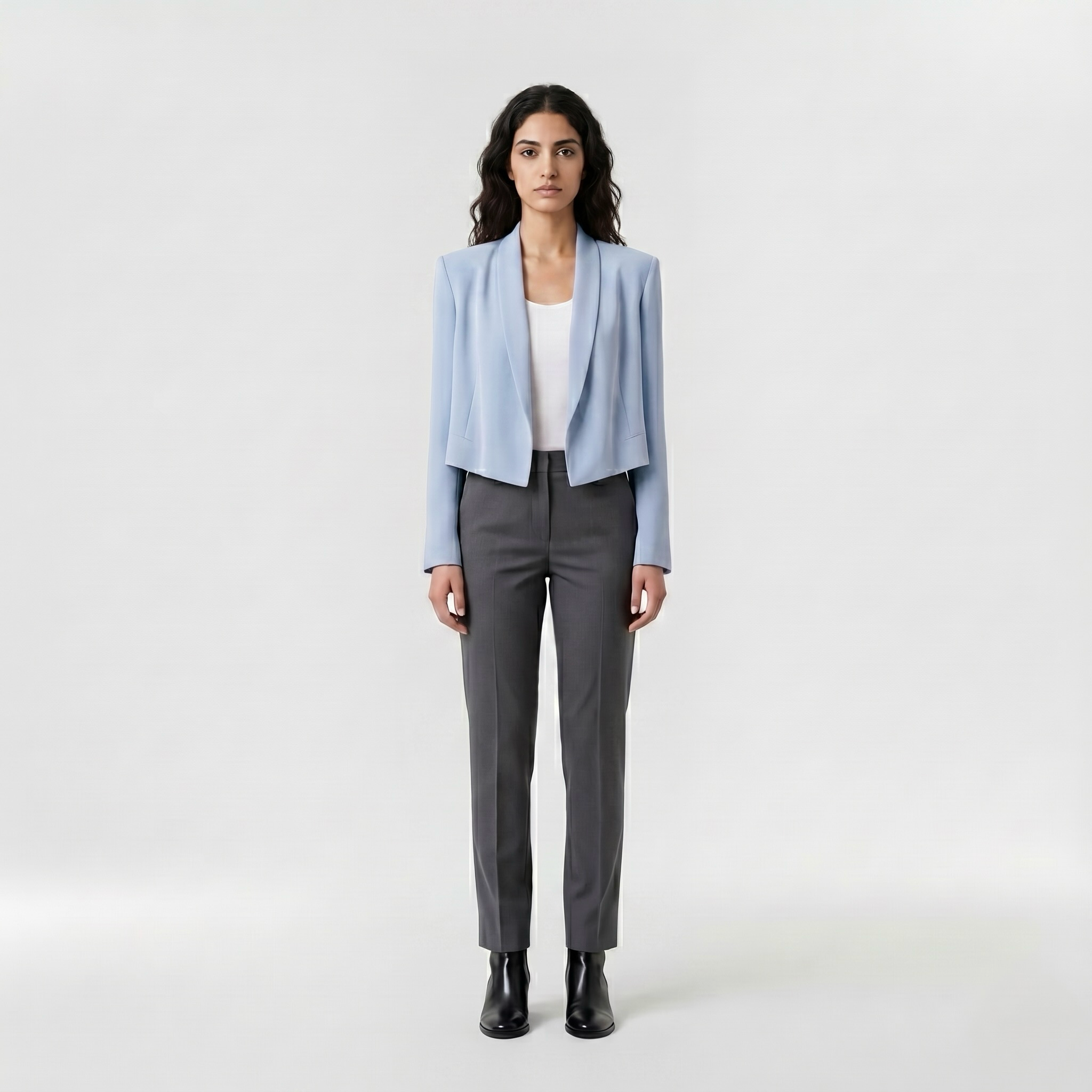 Soft Cascade Cropped Blazer with Draped Open Front