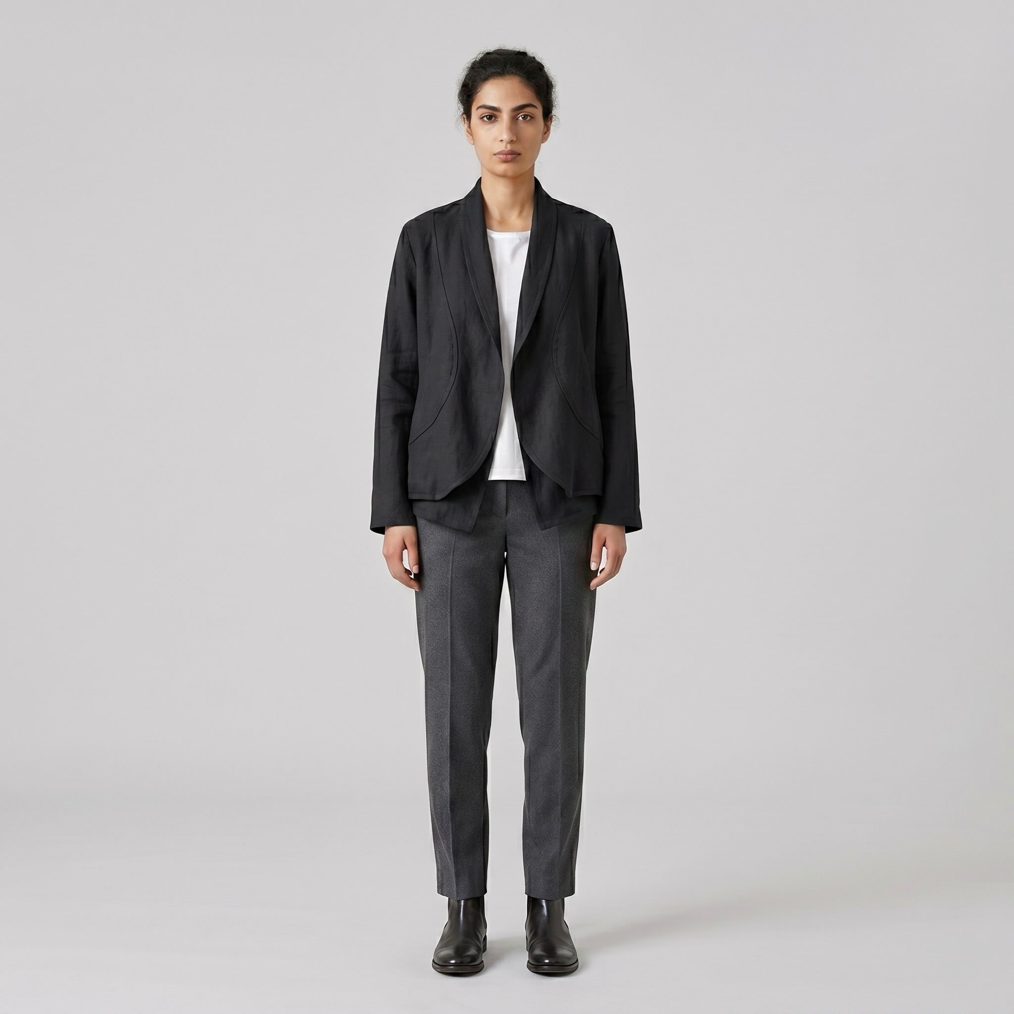 Crescent Flow Tailored Jacket with Curved Panel Draping