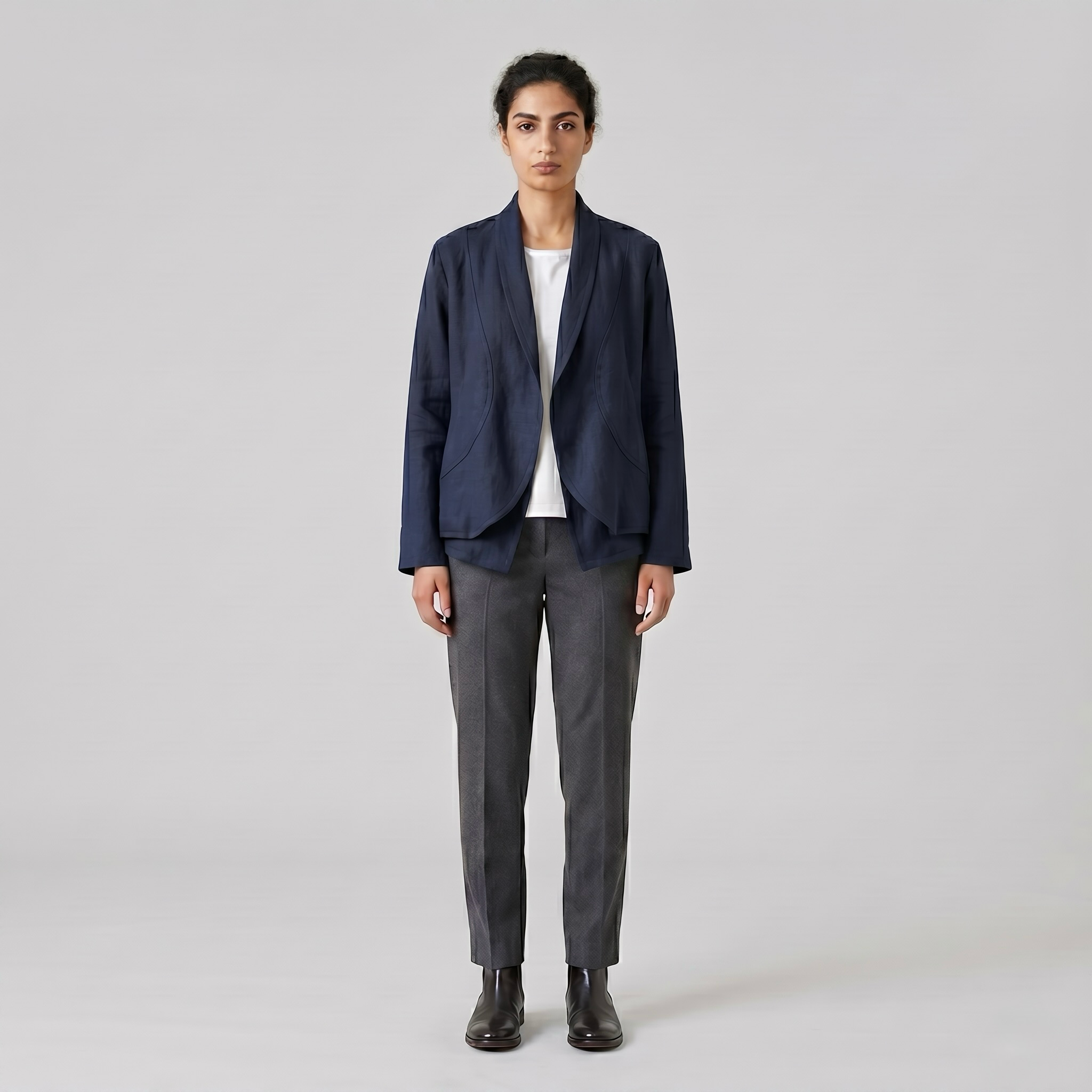 Crescent Flow Tailored Jacket with Curved Panel Draping