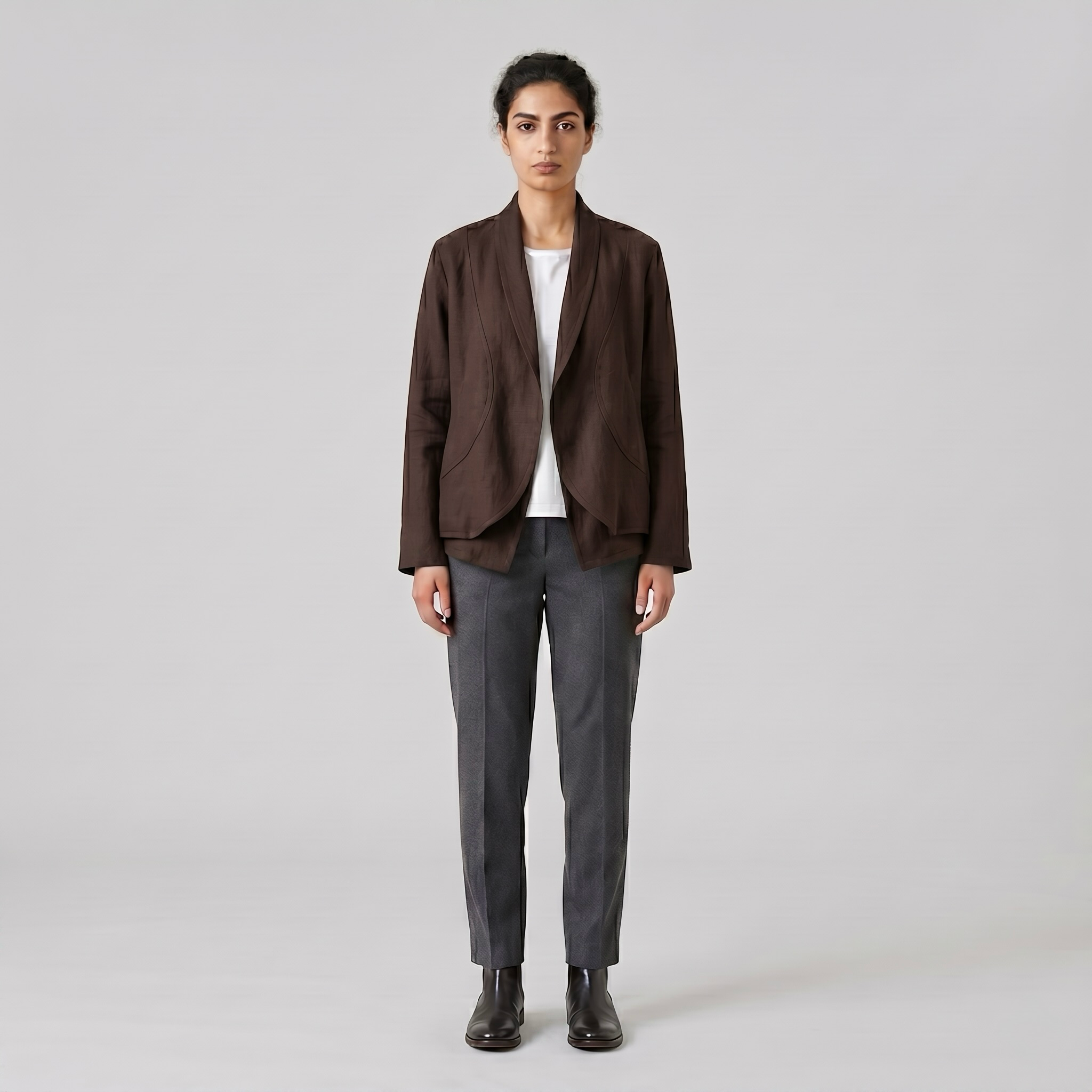 Crescent Flow Tailored Jacket with Curved Panel Draping