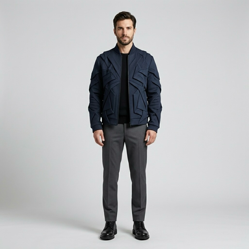 Vector Line Structured Bomber Jacket with Layered Geometric Panels