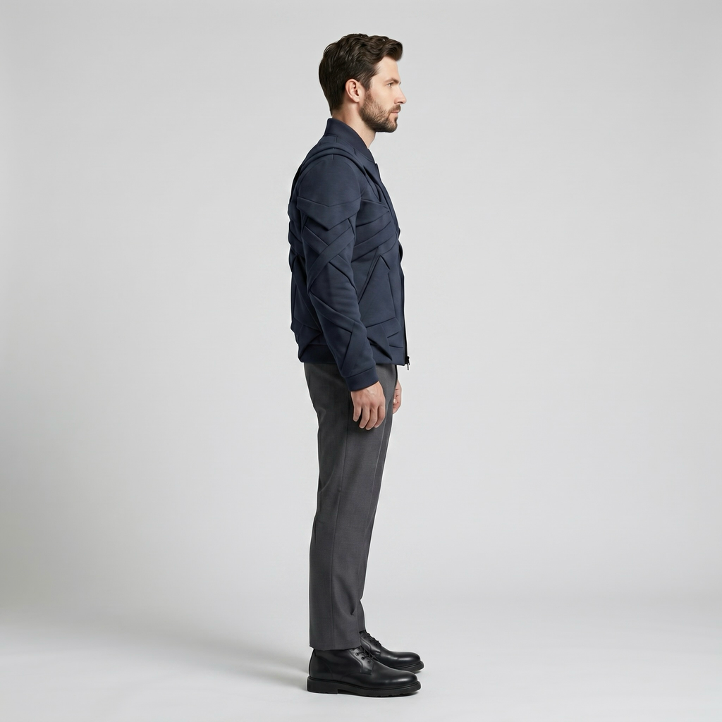 Vector Line Structured Bomber Jacket with Layered Geometric Panels