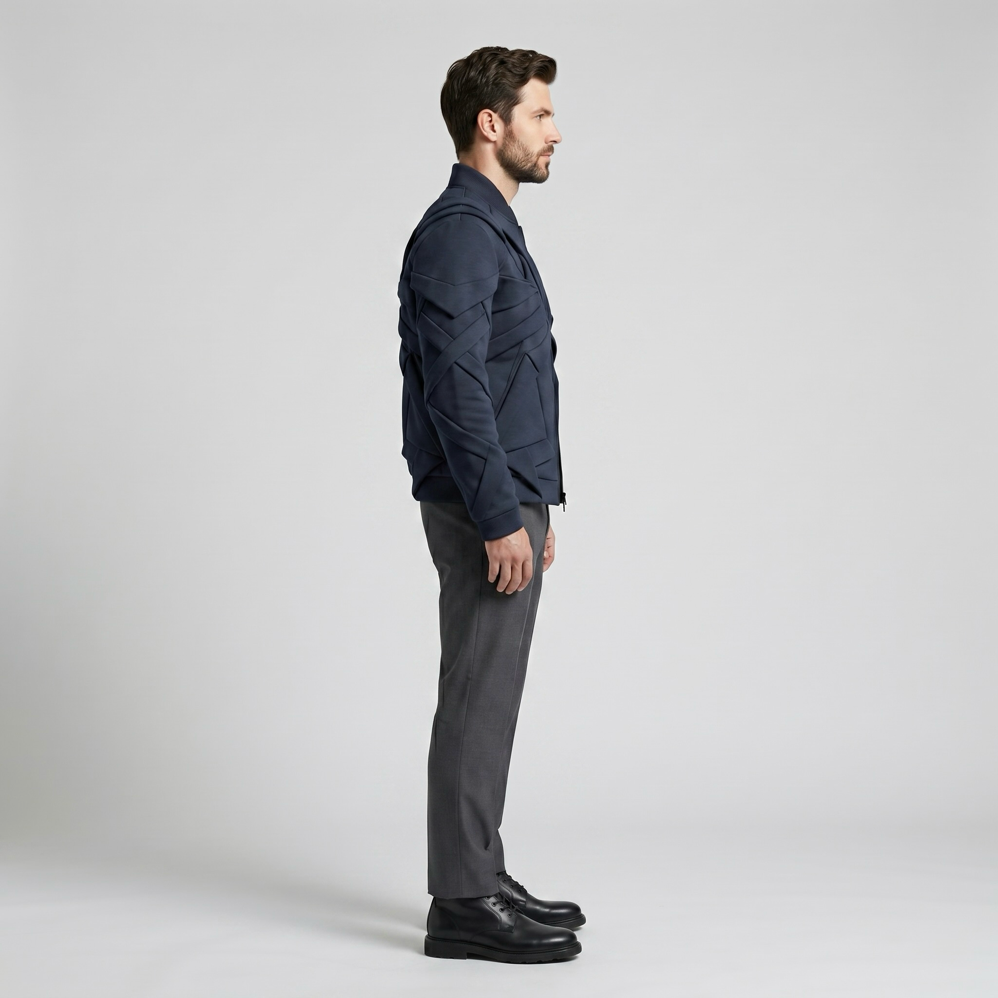 Vector Line Structured Bomber Jacket with Layered Geometric Panels