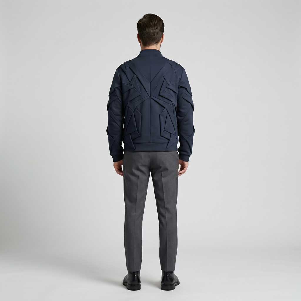 Vector Line Structured Bomber Jacket with Layered Geometric Panels