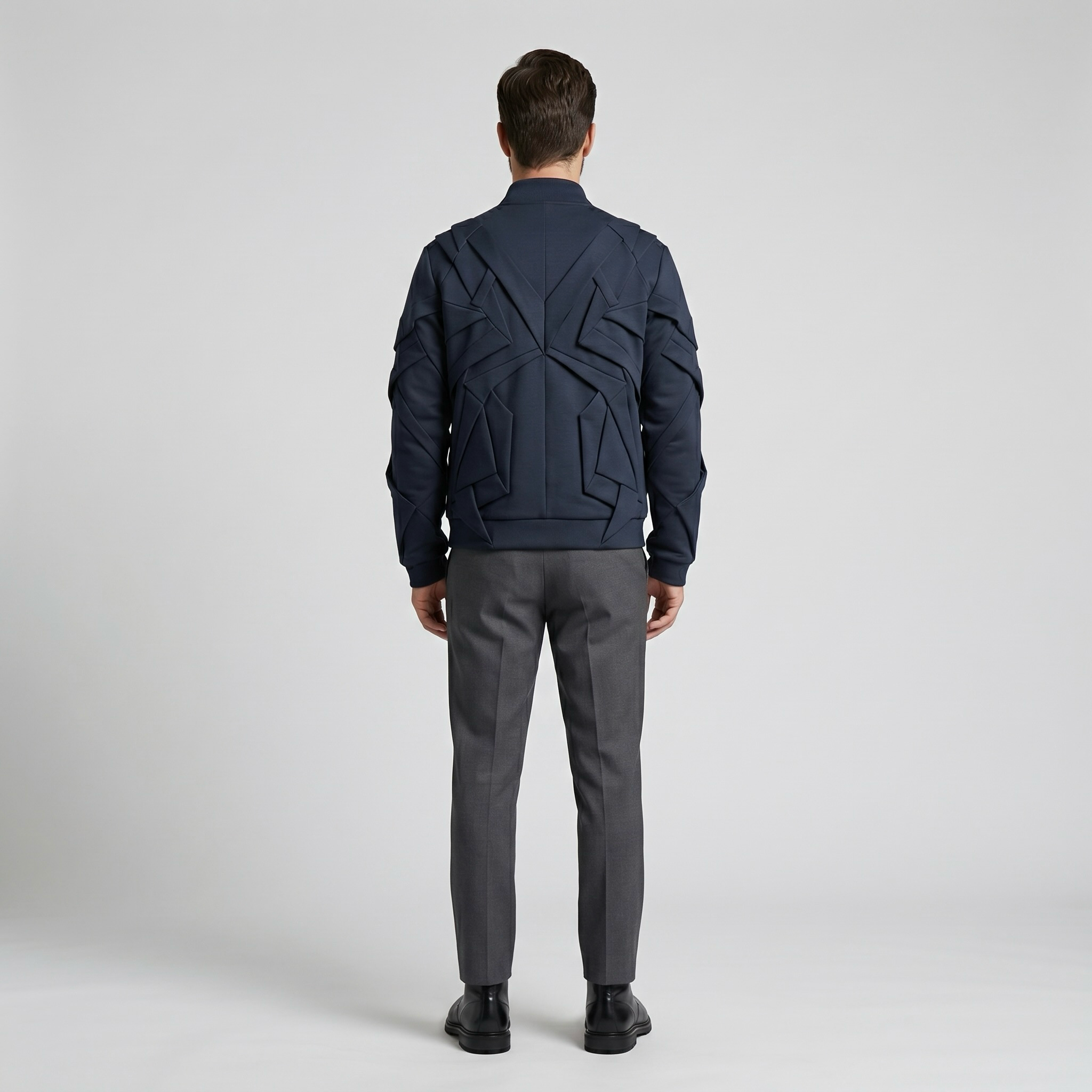 Vector Line Structured Bomber Jacket with Layered Geometric Panels