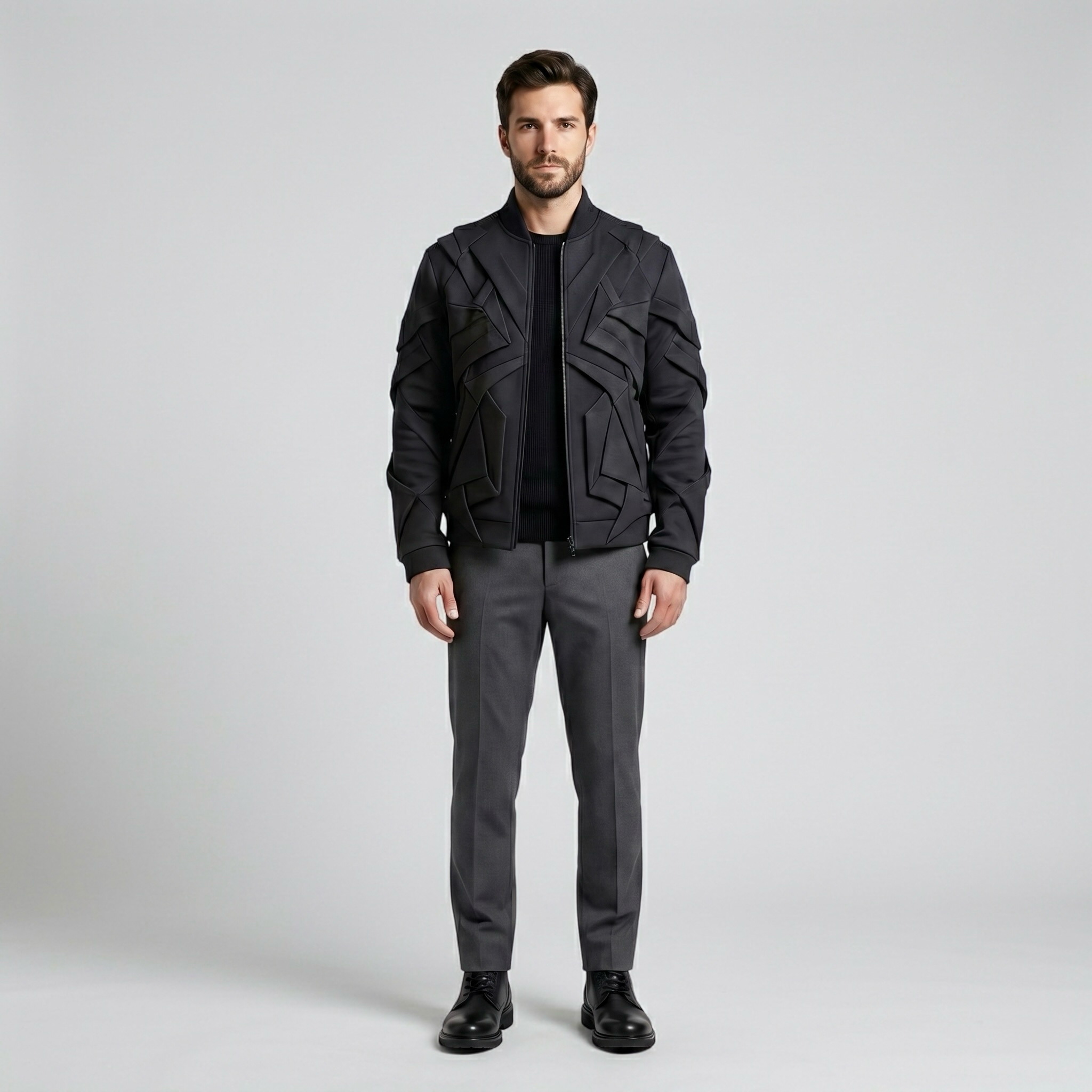 Vector Line Structured Bomber Jacket with Layered Geometric Panels