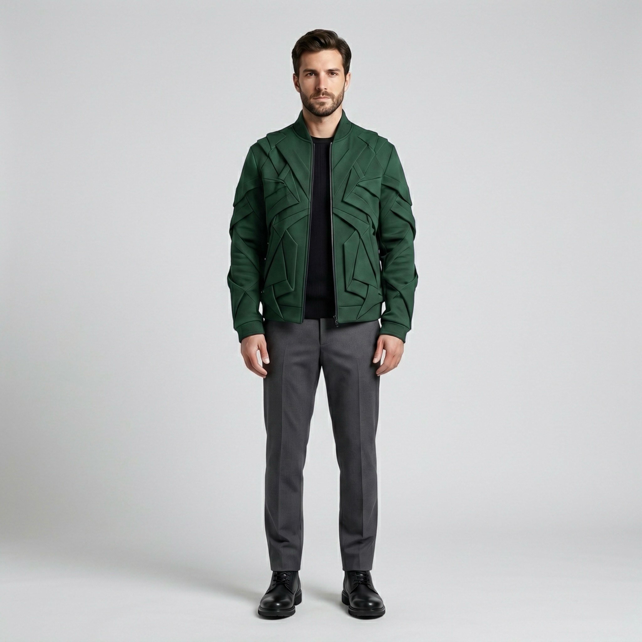Vector Line Structured Bomber Jacket with Layered Geometric Panels